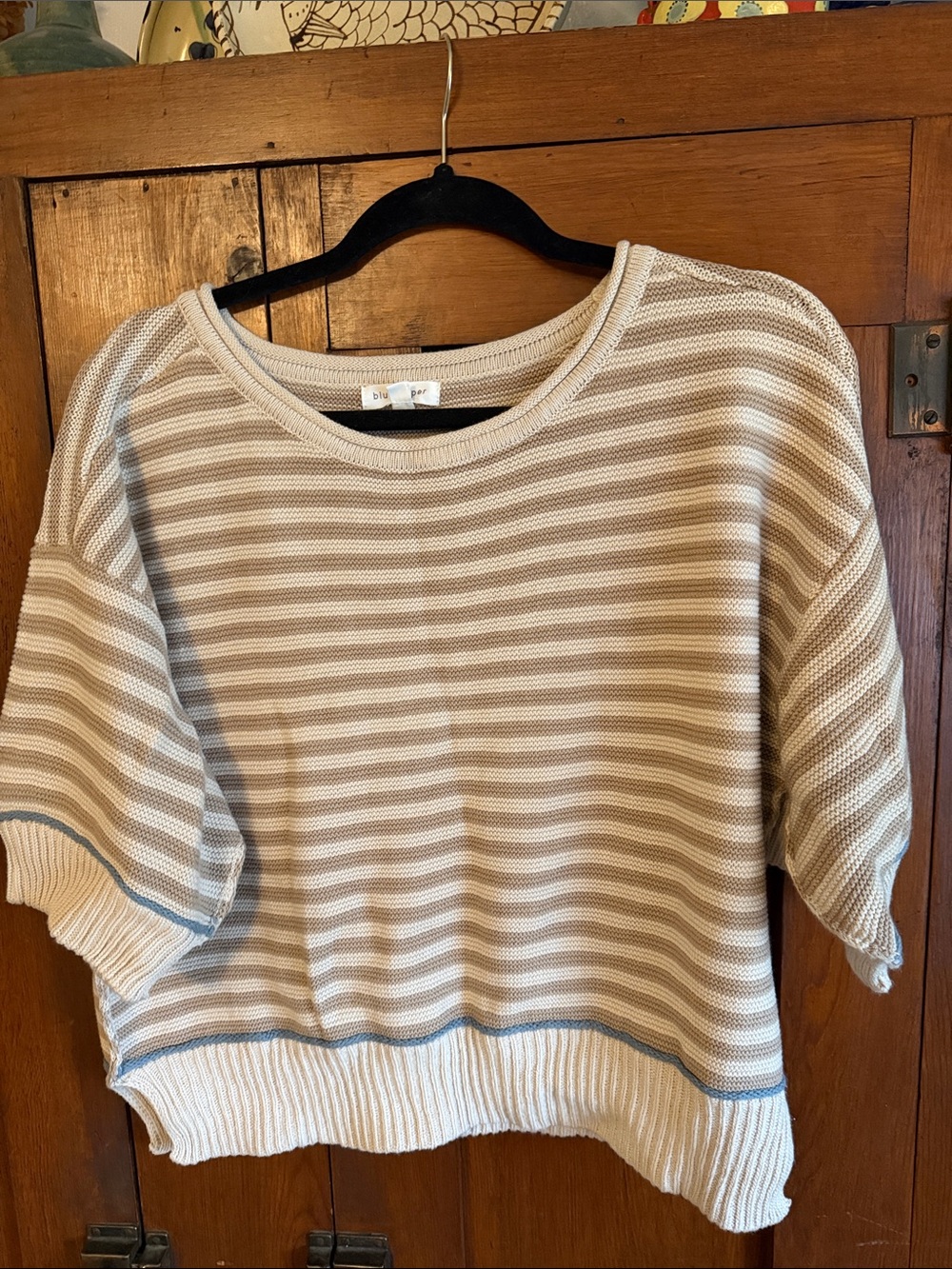 Blu Pepper Striped Crewneck Sweater in Beige and White with Blue Trim